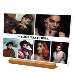 a wooden stand with four pictures of women in different outfits and hair accessories on it