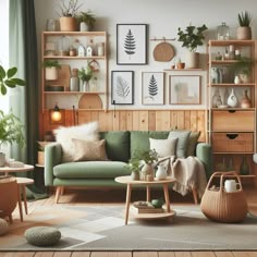 a living room filled with lots of furniture and plants on the wall above it's shelves