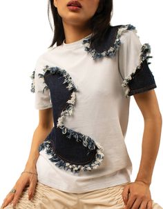 Product Description: Organic cotton t-shirt mixed with denim with a frayed edge. Comes in two different colors.Cut from deadstock fabrics.Made in NepalColor: White/Navy and Faded denim/NavySize: XS: Across shoulder - 15 ⅛ in, Chest - 33 ½ in, Waist - 27 in, Low Hip - 36 ½ inS: Across shoulder - 15 ⅜ in, Chest - 35 ½ in, Waist - 29 in, Low Hip - 38 ½ inM: Across shoulder - 15 ⅝ in, Chest - 37 ½ in, Waist - 31 in, Low Hip - 40 ½ inL: Across shoulder - 16 in, Chest - 41 in, Waist - 34 ½ in, Low Hip Reworked T Shirt, Fashion Origami, Shirt Reconstruction, Reworked Clothes, Ropa Upcycling, Upcycle Clothes Diy, Upcycle Tshirt, Repurposed Clothing, Kathmandu Nepal