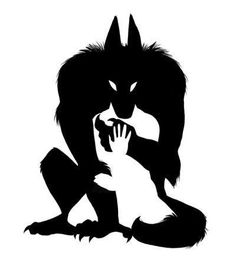 the silhouette of a wolf with its paw on it's face, in black and white