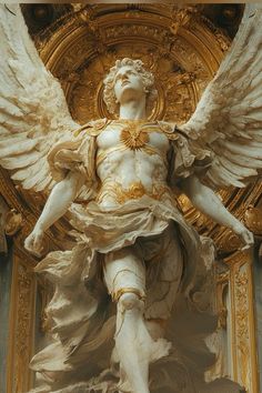 an angel statue in front of a golden wall