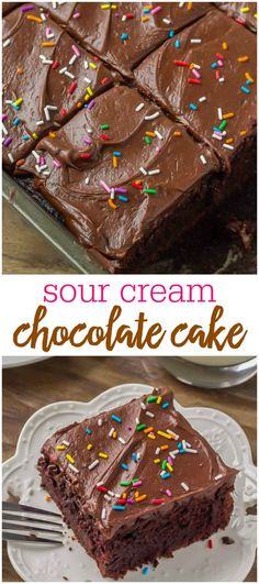 chocolate cake with sprinkles on top and the words sour cream chocolate cake above it