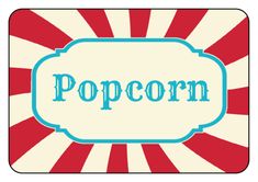 a red and white background with the word popcorn in blue on it's center