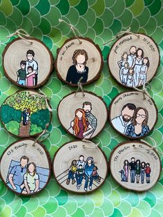 six wood slices with pictures of people hanging from them on a green and white background