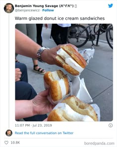 someone is holding two bagels in their hands and the other one has an ice cream sandwich on it