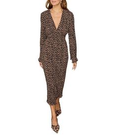 Never Fully Dressed Celeste Plisse Leopard V-Neck Long Sleeve Tie Waist Midi Dress | Dillard's Fitted V-neck Dress For Daywear, Fitted Maxi Length V-neck Dress For Daywear, Elegant Printed V-neck Midi Dress, Chic Midi Dress With Notched Neckline For Brunch, Printed V-neck Maxi Dress For Date Night, Fitted V-neck Maxi Dress In Viscose, Fitted Long Sleeve V-neck Dress For Daywear, Ruched V-neck Midi Dress In Viscose, Knee-length Viscose V-neck Dress