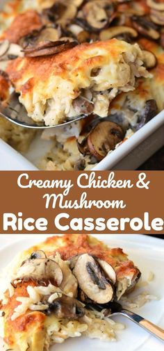 creamy chicken and mushroom rice casserole on a white plate