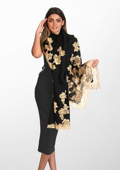 Elegant Dupatta Scarf, Elegant Formal Embroidered Pashmina Shawl, Formal Black Pashmina Shawl, Elegant Pashmina Shawl For Evening, Luxury Festive Shawl, Elegant Pashmina Dupatta Style Scarf, Party Black Dupatta With Gold Embroidery, Elegant Dupatta Scarf For Wedding, Elegant Wedding Dupatta Scarf