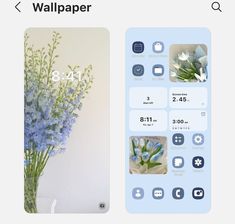 a vase with blue flowers on it next to a wallpaper app