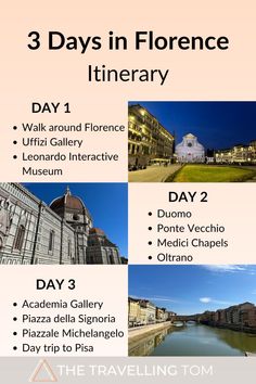 the 3 days in florence itinerary is shown with three different locations and their names