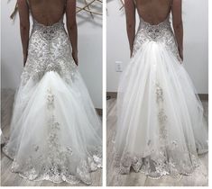 two pictures of the back of a wedding dress