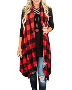 Love This Look! Old Faithful Buffalo Plaid Cardigan. Buffalo plaid style, two side pockets, oversized, irregular hem, loose and comfy fit. Material: 94% Polyester and 6% Spandex. Available in red or black. [SPR 4839631192152 ] Buffalo Plaid Cardigan, Cardigan Sleeveless, Sleeveless Duster, Buffalo Plaid Pattern, Lightweight Vest, Plaid Cardigan, Christmas Sweaters For Women, Funny Christmas Sweaters, Vest Designs