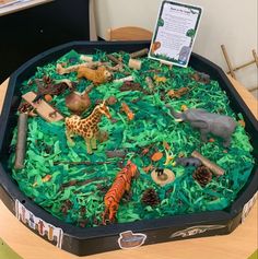 an animal themed cake with green frosting on a wooden table in a classroom setting