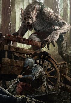 an animal attacking a man in the woods next to a wagon with another animal on it