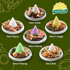 four plates filled with different types of food on top of a green background and the words namsi uduk, nasi ud