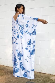 Top Rated Kaftans by Oprah Daily, Byrdi, Cosmopolitan, Elle, and more... D R E S S - FLAT MEASUREMENTSâ€¢ One Size Fit All - Plus Sizeâ€¢ Best for US size : Medium to 4XLâ€¢ Bust 68 in.â€¢ V-Neck â€¢ Length 56 in.â€¢ Material Breathable Rayon Fabric, Natural Indigo dye.M O D E Lâ€¢ Size US4 â€¢ Height 5 ft. 4 in. or 163 cm. With or without 4 in. high heels. This gorgeous kaftan is made with silky rayon fabric and colored using all natural indigo dye. The cut is very spacious to fit many body typ Party Dress Cocktail, Dress Cocktail Party, Natural Indigo Dye, Beach Party Dress, Kaftan Maxi Dress, Cotton Shirt Dress, Indigo Dye, Cocktail Party Dress