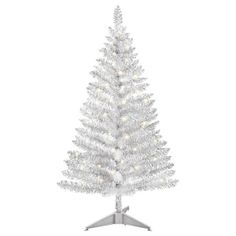 a white christmas tree with lights on the top and silver base, against a white background