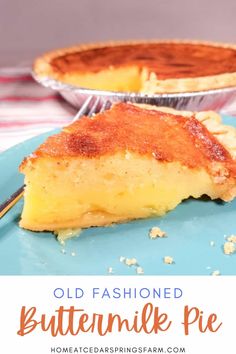 an old fashioned buttermilk pie on a blue plate