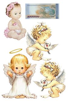 three angels and one baby angel on a white background