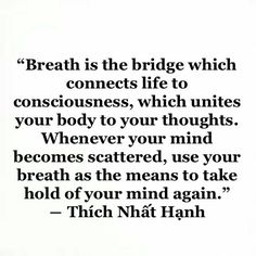 an image of a quote on the subject of this photo that says,'breath is the bridge which connects life to consciousness, which utities your body to your