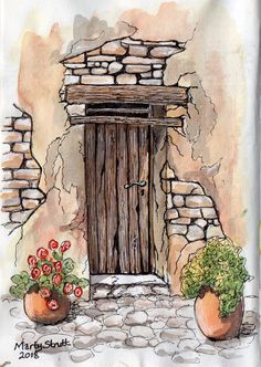 a drawing of a door and two potted plants in front of an old stone wall