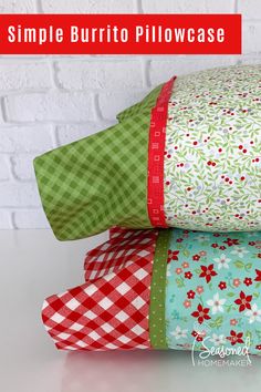 three pillows stacked on top of each other with the words simple burro pillow case