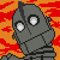 a pixellated image of a robot in front of an orange background