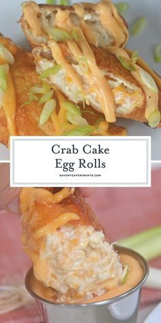 crab cake egg rolls with cheese and lettuce in a silver cup on a pink tablecloth