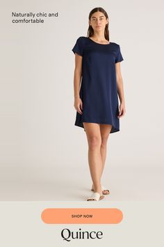 Slinky, simple and versatile. Always chic, never fussy, this dress is an easy win every time. Made from mulberry silk with a little stretch, our silk is washable for low-maintenance ease. Plus, silk fiber contains 18 kinds of amino acids that make it amazing for skin nourishment, hypo-allergenic, and naturally thermoregulating to help maintain body temperature.  | Quince | Women's 100% Washable Silk Stretch T-Shirt Dress in Navy, Size Medium Casual Workwear Dress With Curved Hem, Elegant Summer Dresses With Shirttail Hem, Cheap Relaxed Fit Crew Neck T-shirt Dress, Navy Short Sleeve Relaxed Fit T-shirt, Navy Relaxed Fit Short Sleeve T-shirt, Cheap Navy Relaxed Fit T-shirt, Blue Short Sleeve Cotton T-shirt Dress, Silk Fiber, Silk Tee