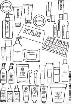 a coloring page with different types of beauty products and their names in black and white