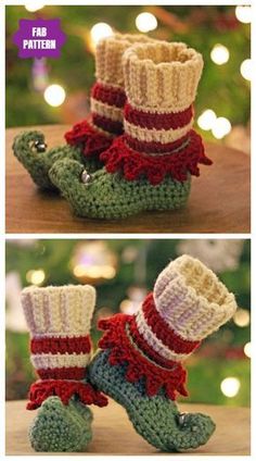 crocheted booties with red, white and green stripes are shown in two different views