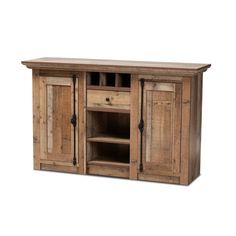 a large wooden cabinet with two doors and shelves