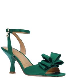 From J. Renee&#x2C; the Nishia Satin Bow Detail Ankle Strap Dress Sandals feature:Satin fabric upperTriple layer bow detailAdjustable buckled ankle strap closureSynthetic liningSynthetic outsoleApprox. 3" heel heightImported. Satchel Tote, Women's Heels, Heels Pumps, Satin Bow, Green Satin, Dress Sandals, Dillard's, Strap Dress, Bow Detail