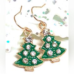 Festive Green Enamel Christmas Trees, Each Set With 6 White Crystal Rhinestones. Gold Tone Alloy Metal. Length Including Hooks 1.3”. V/I 12/24 [2] Christmas Festive Jewelry With Rhinestones, Festive Holiday Jewelry With Rhinestones, Holiday Jewelry Gift With Rhinestones, Holiday Gift Jewelry With Rhinestones, Holiday Rhinestone Jewelry For Gifts, Holiday Rhinestone Jewelry Gift, Christmas Gift Jewelry With Rhinestones, Rhinestone Jewelry Christmas Gift, Christmas Gift Rhinestone Jewelry