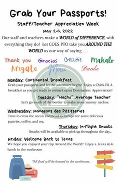 a poster with words and pictures on it that say, grab your passports staff / teacher appreciation week