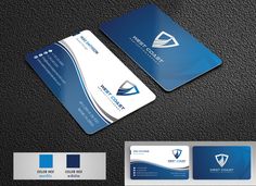 two business cards with blue and white designs on the front, one is for an office