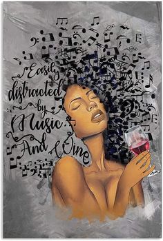 a painting of a woman holding a glass of wine with musical notes in the background