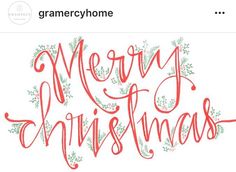 the words merry christmas written in red and green ink on a white paper with holly branches