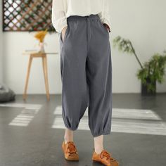 Details: Gender: Women Item Type: Pants Material: Cotton Linen Season: Spring, Autumn Pattern: Solid Style: Casual, Loose, Retro Waist Type: Elastic Waist Size: One Size Waist: 64.00 - 90.00 cm/ 25.20 - 35.43 " Length: 86.00 cm/ 33.86 " Hip: 102.00 cm/ 40.16 " Casual Baggy High-waisted Harem Pants, Baggy Gray Pants For Spring, Gray Baggy Pants For Spring, Casual High Waist Gray Harem Pants, Casual Gray Wide Leg Harem Pants, Baggy High-waisted Sweatpants For Spring, Casual Baggy High-waisted Bottoms, Gray Ankle-length Casual Harem Pants, Casual Gray Loose Fit Harem Pants