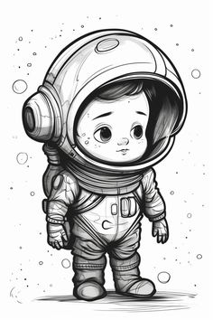 an ink drawing of a little boy in a space suit