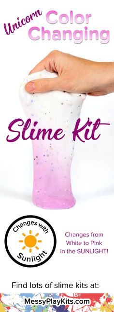 someone is holding a pink and white cup with the words, unicorn color changing slime kit