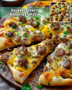 sausage and gravy breakfast pizza on a wooden platter with parsley garnish