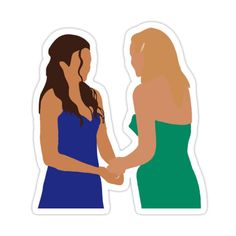 two women shaking hands with each other in front of a white background and one is wearing a blue dress