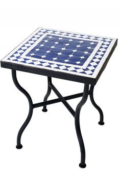 a blue and white tile table with metal legs on an isolated white background for use as a coffee table or side table