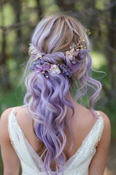 Wedding Hairstyles Colored Hair, Lavender Hair Piece, Floral Prom Hair, Purple Hair Bride, Faerie Hairstyles, Lavender Hairstyles, Lavender Wedding Hair, Purple Hair Styles, Lavender Hair Ideas