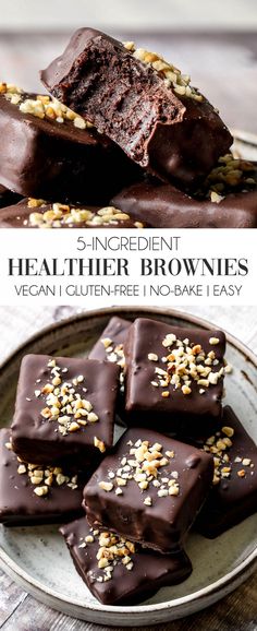 chocolate brownies on a plate with nuts in the middle and text overlay that reads, 5 ingredient healthier brownies vegan i gluten - free no bake