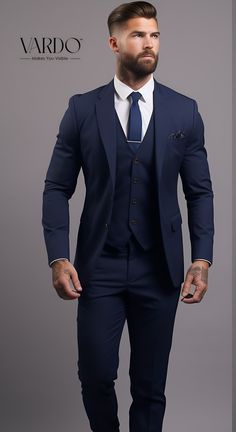 Navy Blue Three Piece Wedding suit for men White Wedding Suits For Men, Blue Black Suit, Navy Blue 3 Piece Suit, Three Piece Suit Wedding, Navy Blue Suit Men, Wedding Suits Men Blue, 3 Piece Suit Men, Reception Suits, Blue Mens Suit