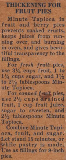 an old recipe for fruit pies on a piece of brown paper with the words, thickening for fruit pies