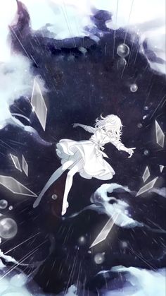 a girl is flying through the air in front of an abstract background with stars and bubbles