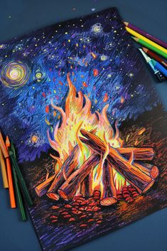 a drawing of a campfire with colored pencils